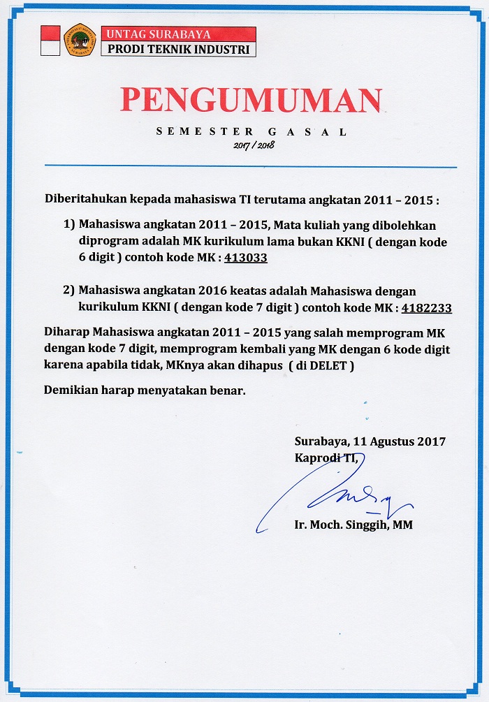 PENGUMUMAN PROGRAM MK GASAL 2017/2018